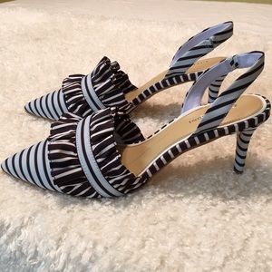 Gianni Bini Navy & Blue Stripes & Ruffles Heels